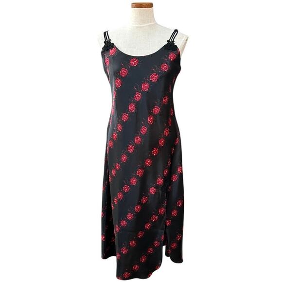 Vintage 90s Rose Print Satin Slip Dress M Black Grunge Romantic Private Luxury - Picture 1 of 16